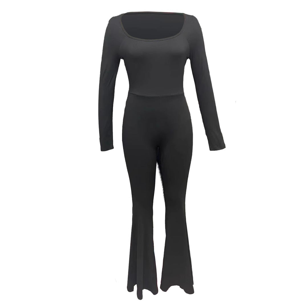Damen Eleganter Jumpsuit mit weitem Bein und langen Ärmeln R&B