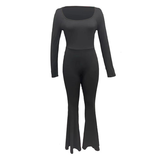Damen Eleganter Jumpsuit mit weitem Bein und langen Ärmeln R&B