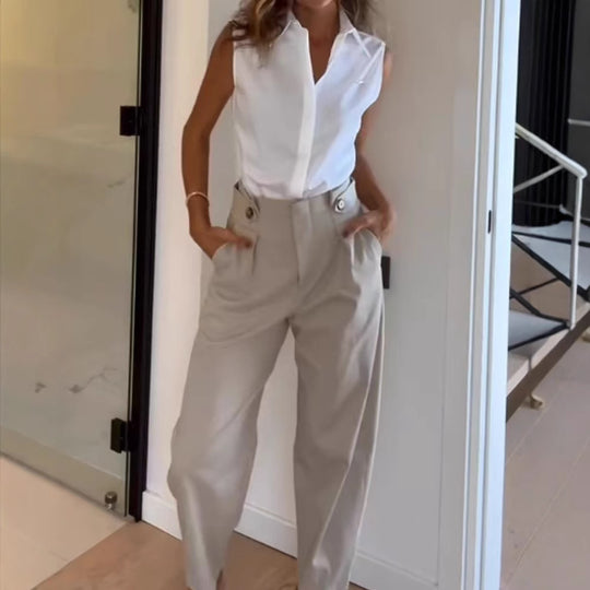 Damen Elegante Hochtaillierte Stoffhose mit Taschen R&B