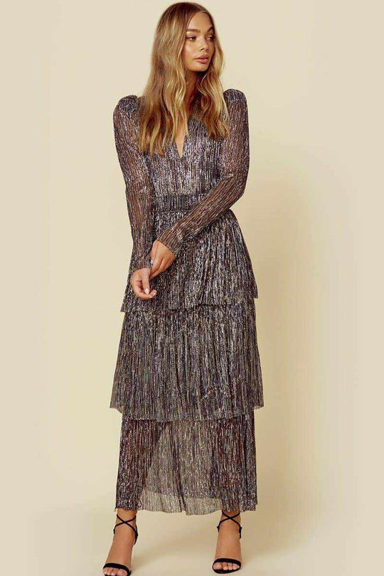 Damen Glamouröses Abendkleid mit schillernden Lagen und V-Ausschnitt R&B
