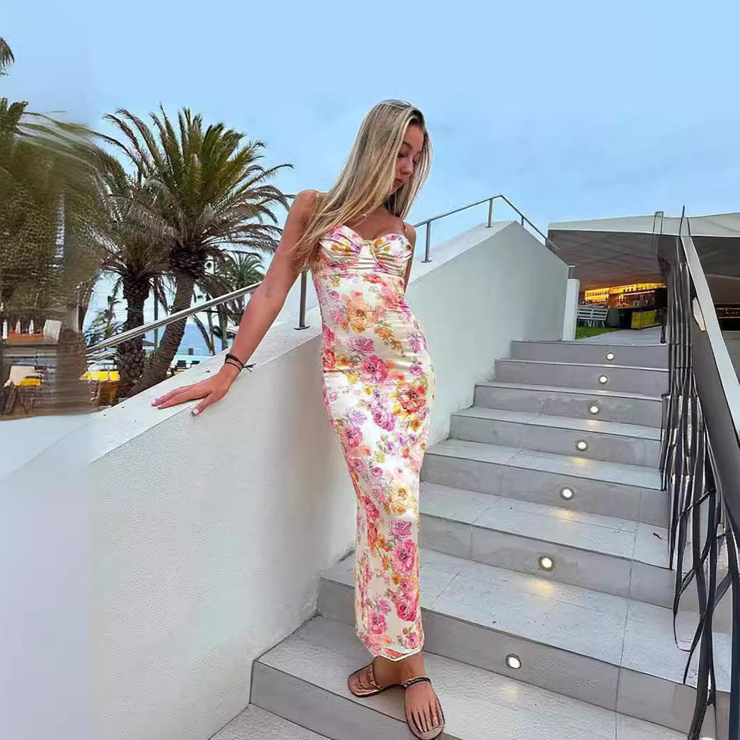 Damen bodenlanges Blumen-Minikleid mit Spaghettiträgern und Raffungen R&B