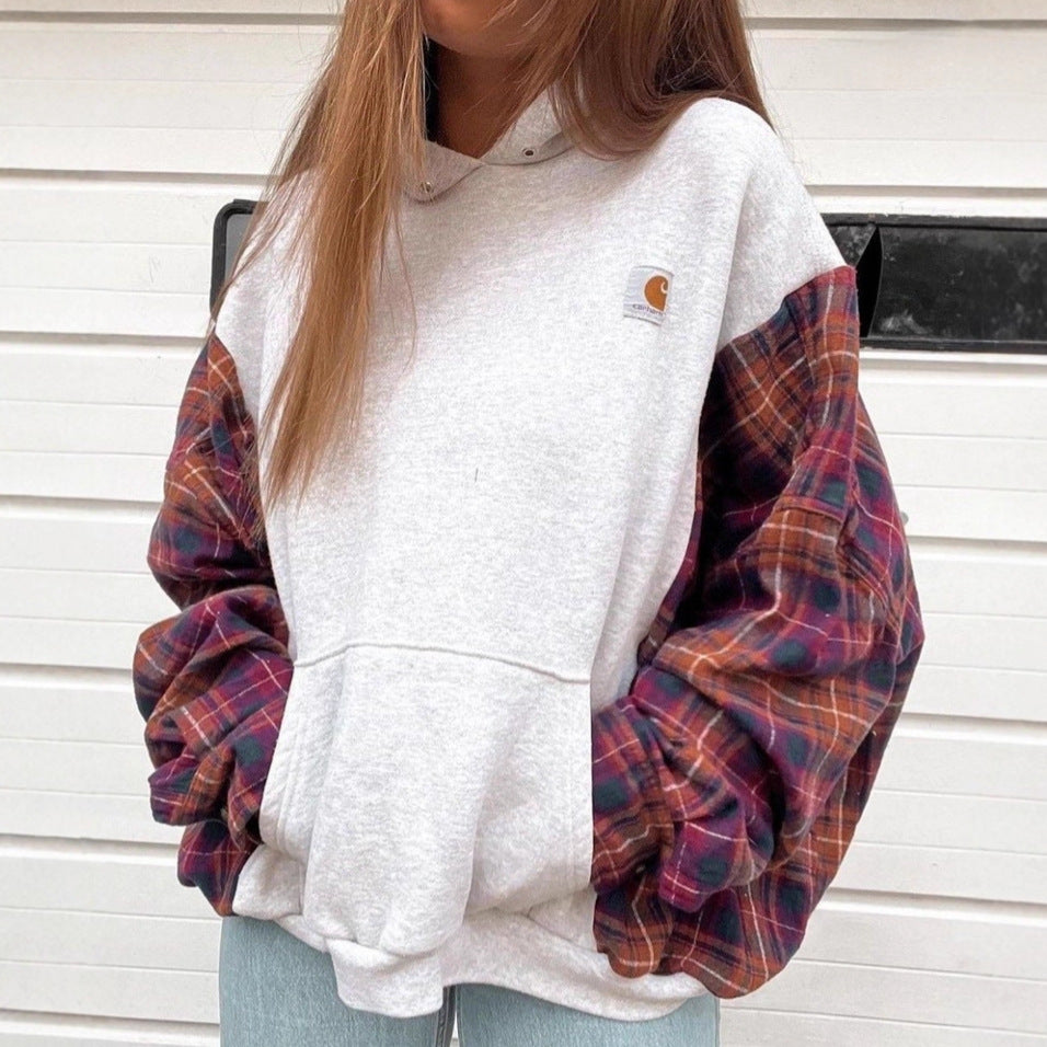 Damen nan oversized Kapuzenpullover mit karierten Flanellärmeln und Kängurutasche R&B