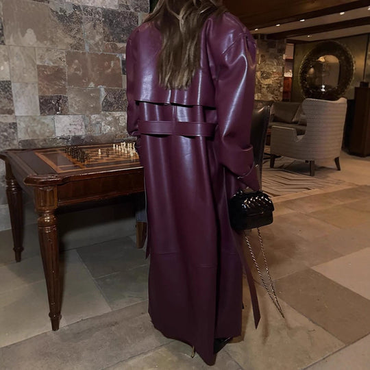 Damen elegante Kunstlederjacke mit voluminösen Ärmeln und Taillengürtel R&B