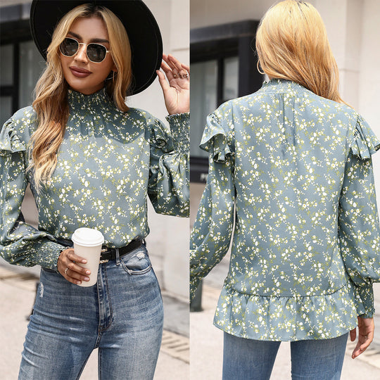 Damen elegante Bluse mit Rüschendetail und hohem Kragen R&B