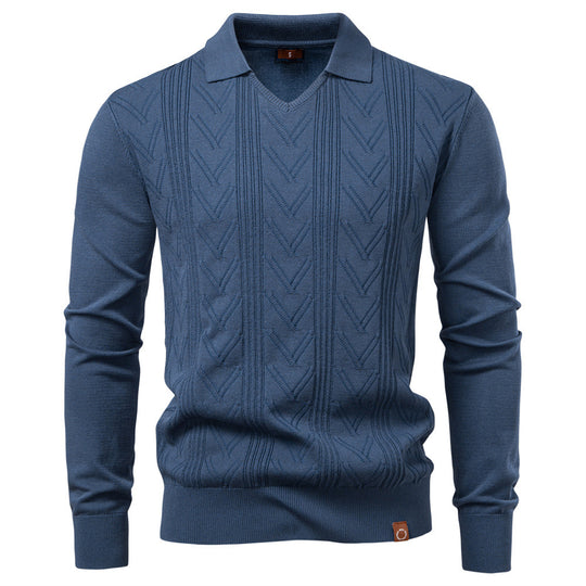 Herren nan feiner Strick-Polopullover mit V-Ausschnitt, Zickzackstruktur und Kentkragen R&B