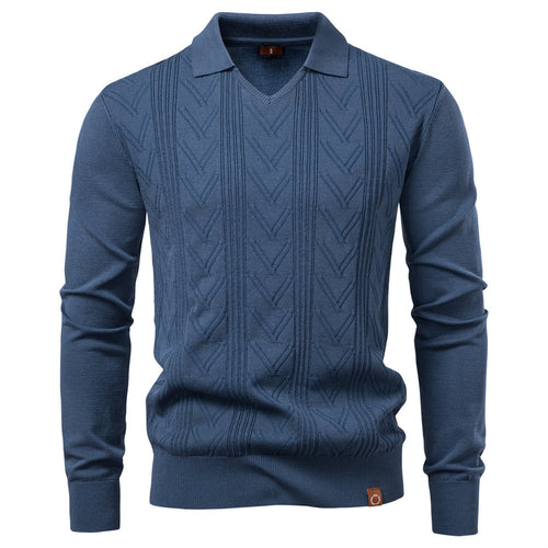 Herren nan feiner Strick-Polopullover mit V-Ausschnitt, Zickzackstruktur und Kentkragen R&B