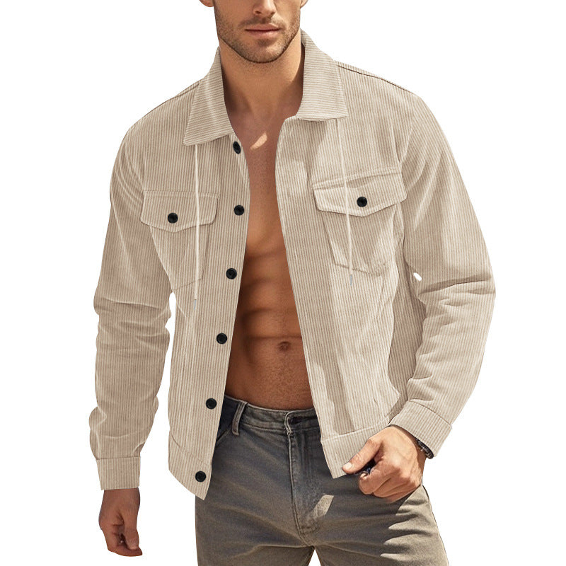 Herren nan lässige fein gerippte Cordjacke mit Stehkragen, Brusttaschen und elastischem Saum R&B
