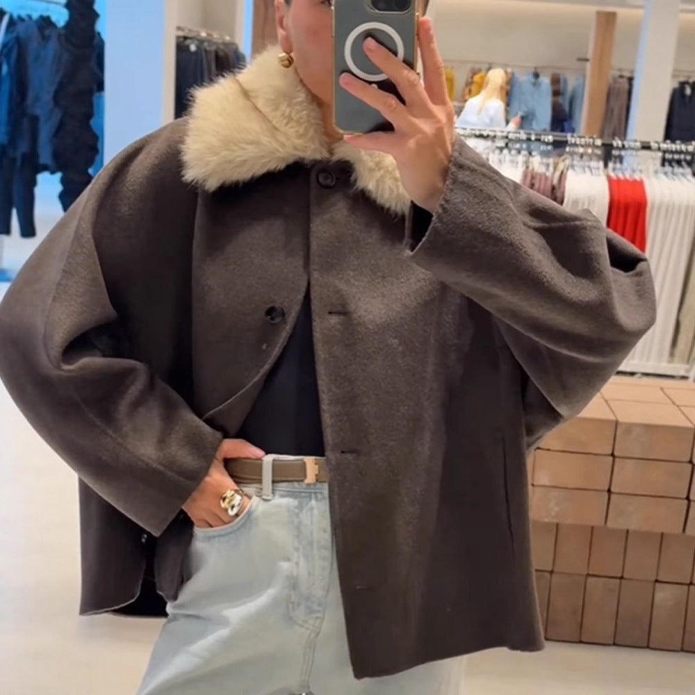 Damen elegante Oversized-Jacke mit Sherpa-Kragen R&B