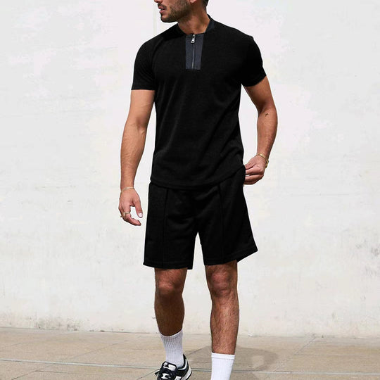 Herren Sportliches Kurzarm-T-Shirt mit Reißverschluss und Joggingshorts R&B
