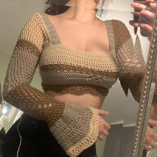 Damen gehäkeltes Crop-Top mit langen Ärmeln und ausgefallenem Saum R&B