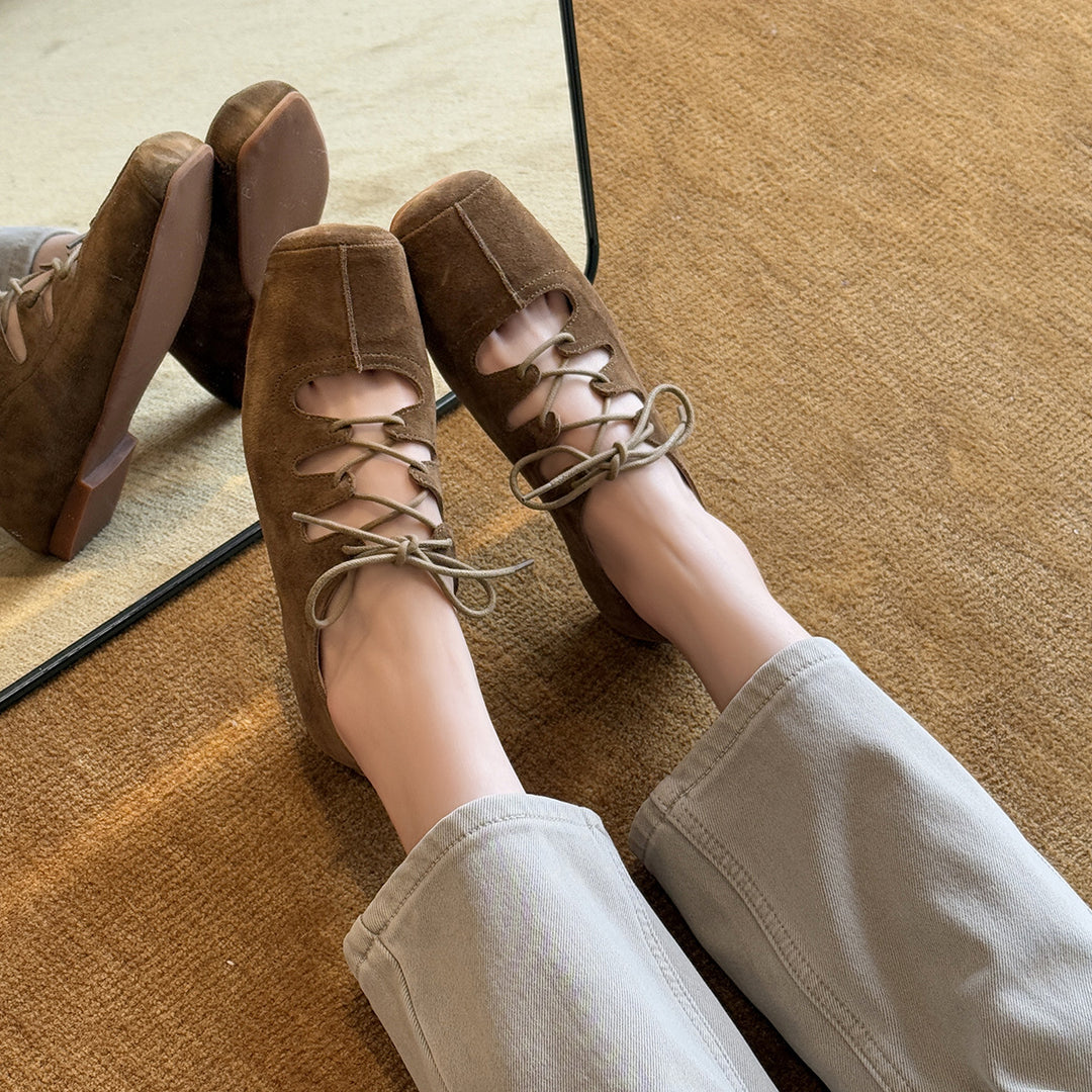 Damen Komfortable Wildleder Ballerinas mit Schnürung R&B