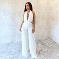 Damen Eleganter Deep-V Jumpsuit mit geschwungenem Rücken und weit geschnittenen Beinen R&B