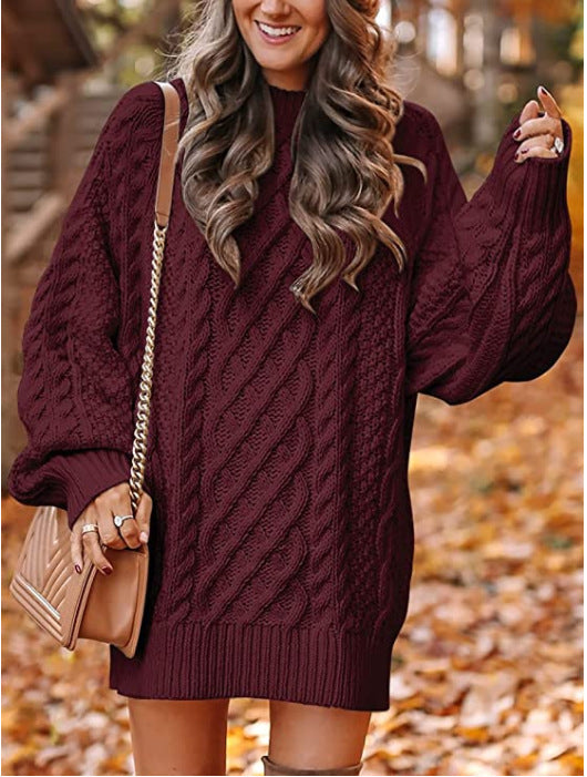 Damen Grober Strickpullover mit voluminösen Ärmeln und dekorativem Zopfmuster R&B