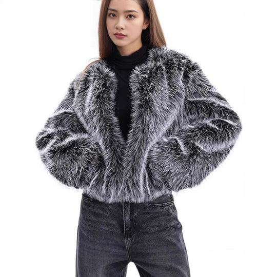Damen Plush-Cropped-Jacke mit elegantem Fellbesatz R&B