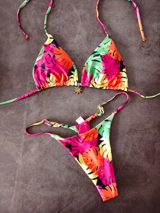 Damen Triangel-Bikini-Set mit seitlicher Schnürung und floralem Muster R&B