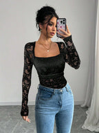 Damen Spitzen-Bodysuit mit quadratischem Ausschnitt und langen Ärmeln R&B