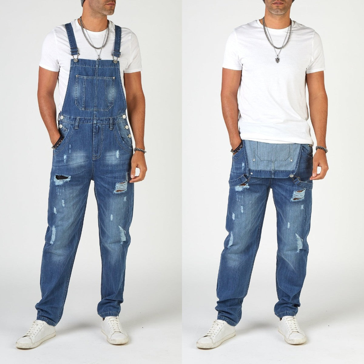 Herren Jeans-Latzhose aus gewaschenem Denim mit Rissdetails