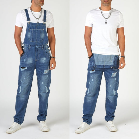 Herren Jeans-Latzhose aus gewaschenem Denim mit Rissdetails