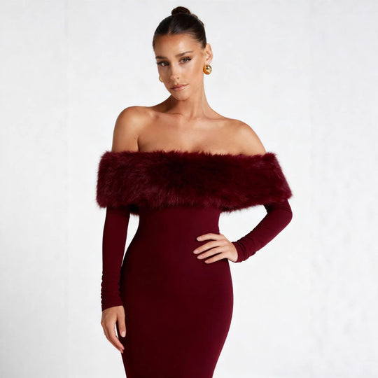Damen Figurbetontes Kleid mit abnehmbaren Kunstfell-Akzenten R&B