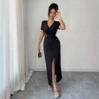 Damen nan figurbetontes Wickel-Midikleid mit V-Ausschnitt, Taillenring und hohem Beinschlitz R&B