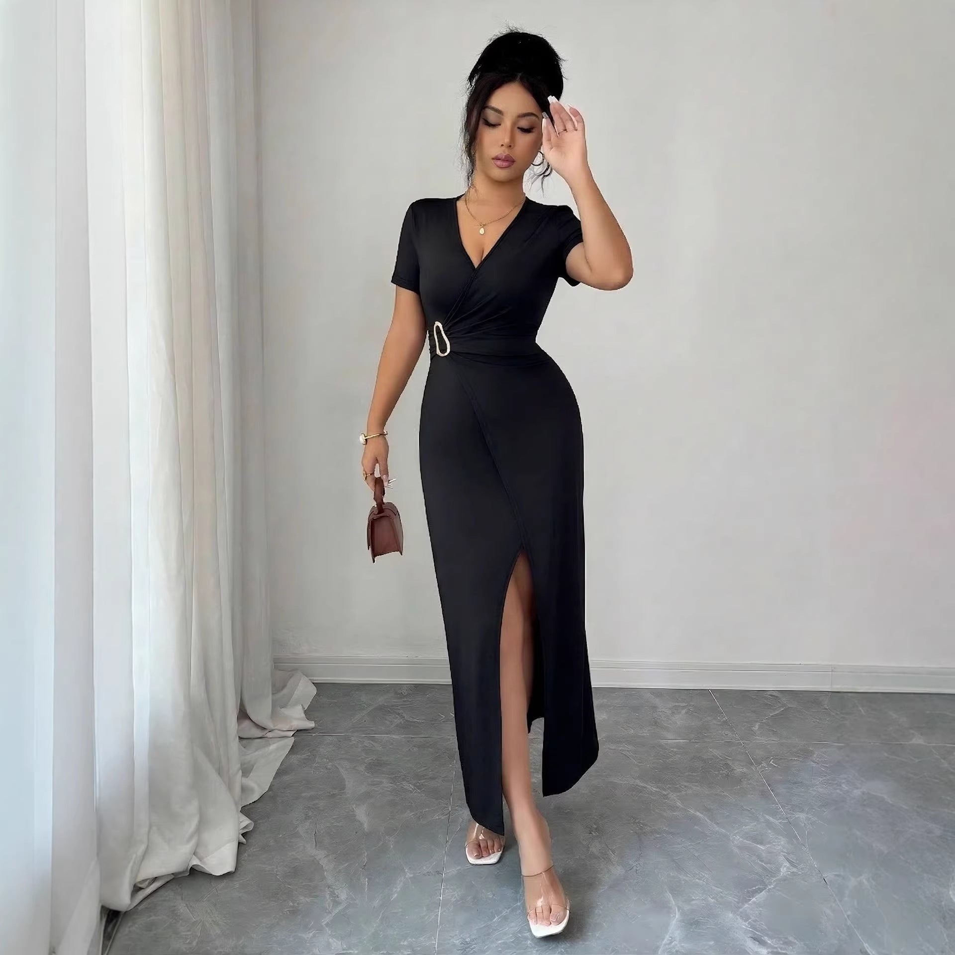 Damen nan figurbetontes Wickel-Midikleid mit V-Ausschnitt, Taillenring und hohem Beinschlitz R&B