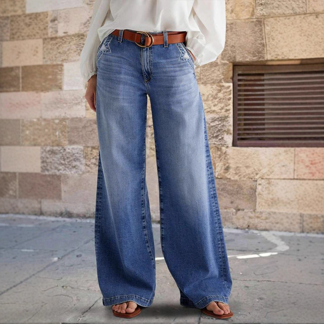 Damen Weit geschnittene Denim-Hose mit hoher Taille und eleganten Taschen R&B