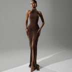 Damen Elegantes Langkleid mit Choker-Ausschnitt und Raffungen R&B