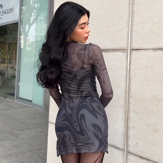 Damen figurbetontes Netzkleid mit marbled Effekt R&B