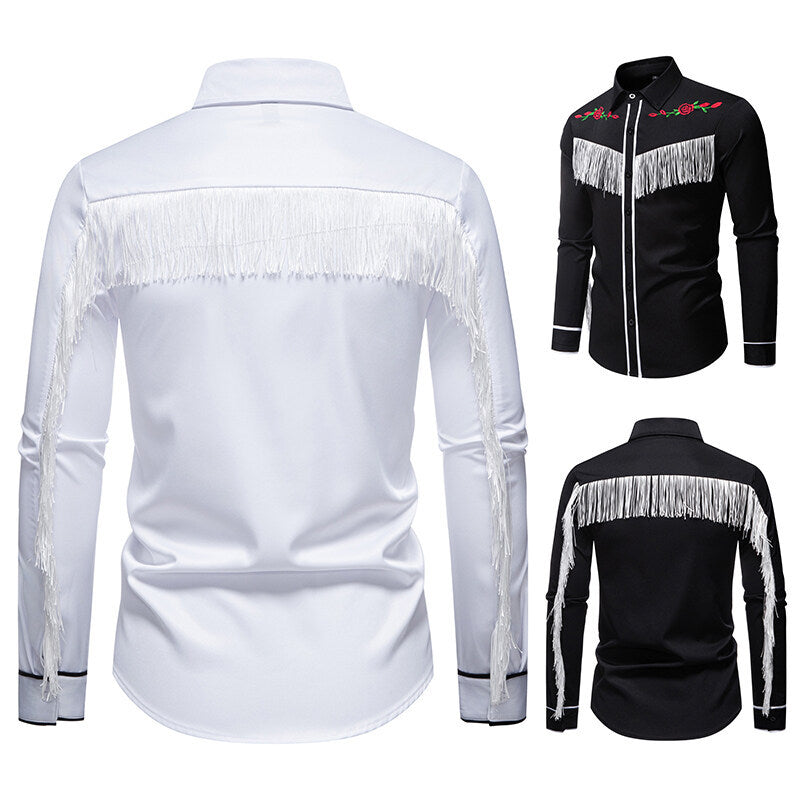 Herren elegante Westernbluse mit Fransen und bestickten Motiven