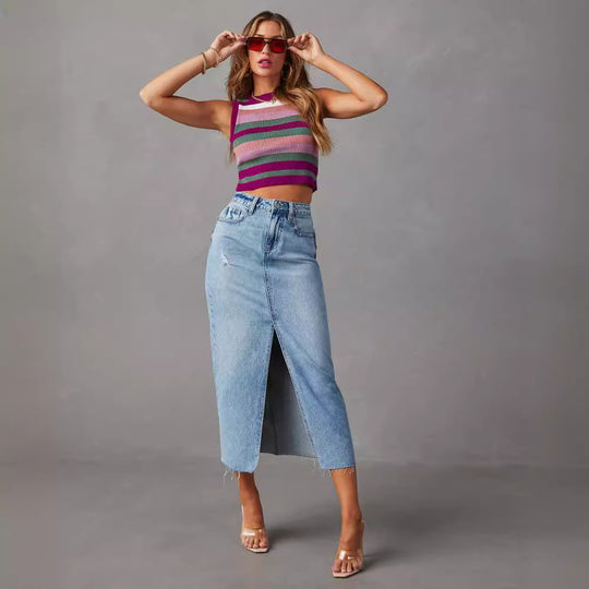 Damen Jeansrock mit modischem Schlitz und lässigem Schnitt R&B