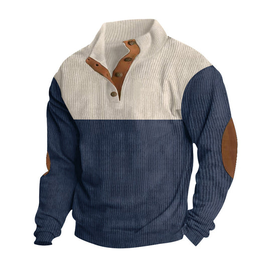 Herren nan gerippter Henley-Strickpullover mit Stehkragen Kontrastpasse und Ellbogenpatches R&B