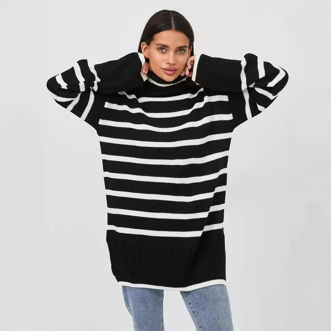 Damen gestrickter Rollkragenpullover mit modernem Streifenmuster und weitem Schnitt R&B