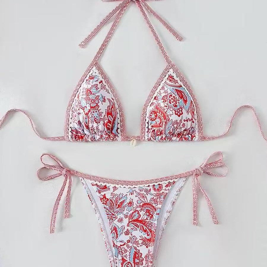 Damen Triangel-Bikini mit floralem Muster und verstellbaren Bindebändern R&B