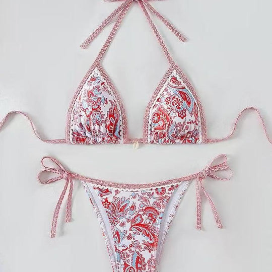 Damen Triangel-Bikini mit floralem Muster und verstellbaren Bindebändern R&B