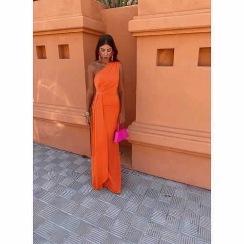 Damen Maxikleid mit asymmetrischem Ärmeldesign und eleganter Drapierung R&B