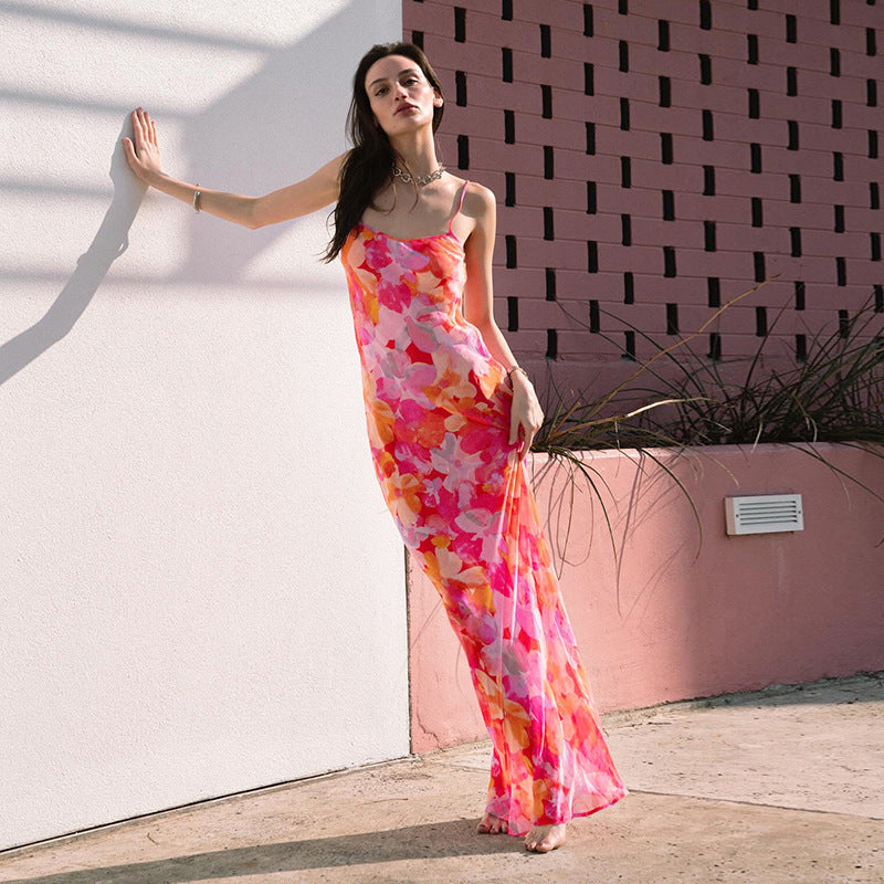 Damen Maxikleid mit floralem Muster und schmalen Spaghetti-Trägern R&B