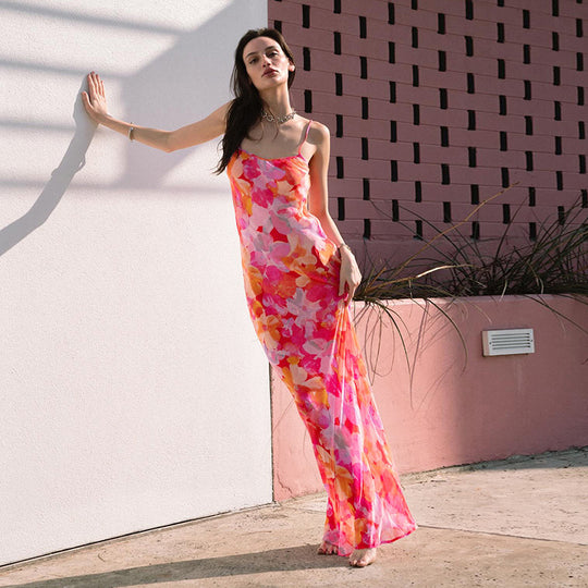 Damen Maxikleid mit floralem Muster und schmalen Spaghetti-Trägern R&B