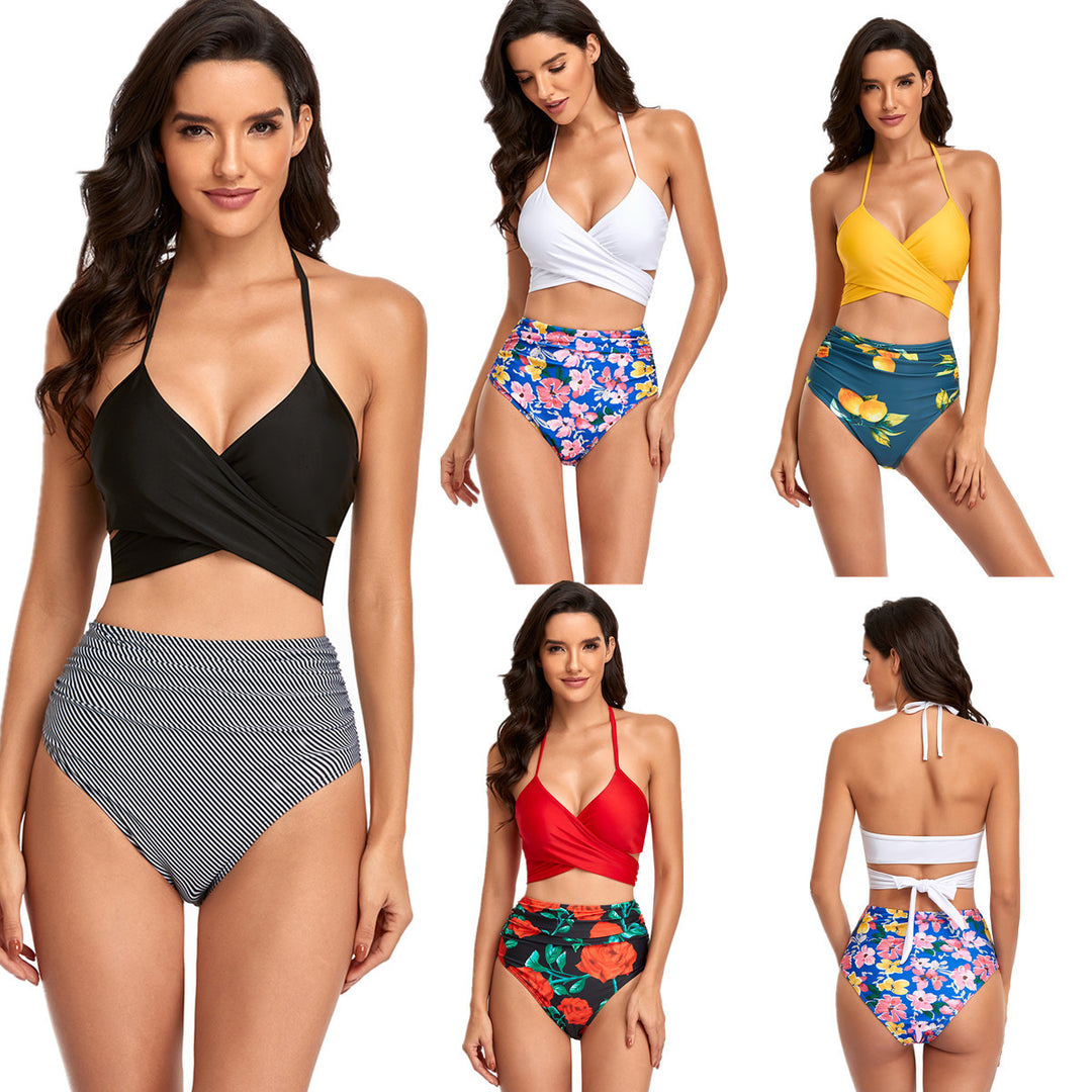 Damen Hochtailliertes Bikini-Set mit Wickeloberteil und floralen Akzenten R&B
