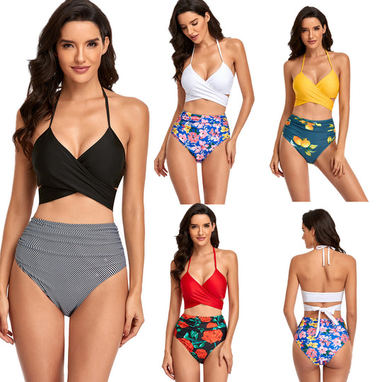 Damen Hochtailliertes Bikini-Set mit Wickeloberteil und floralen Akzenten R&B