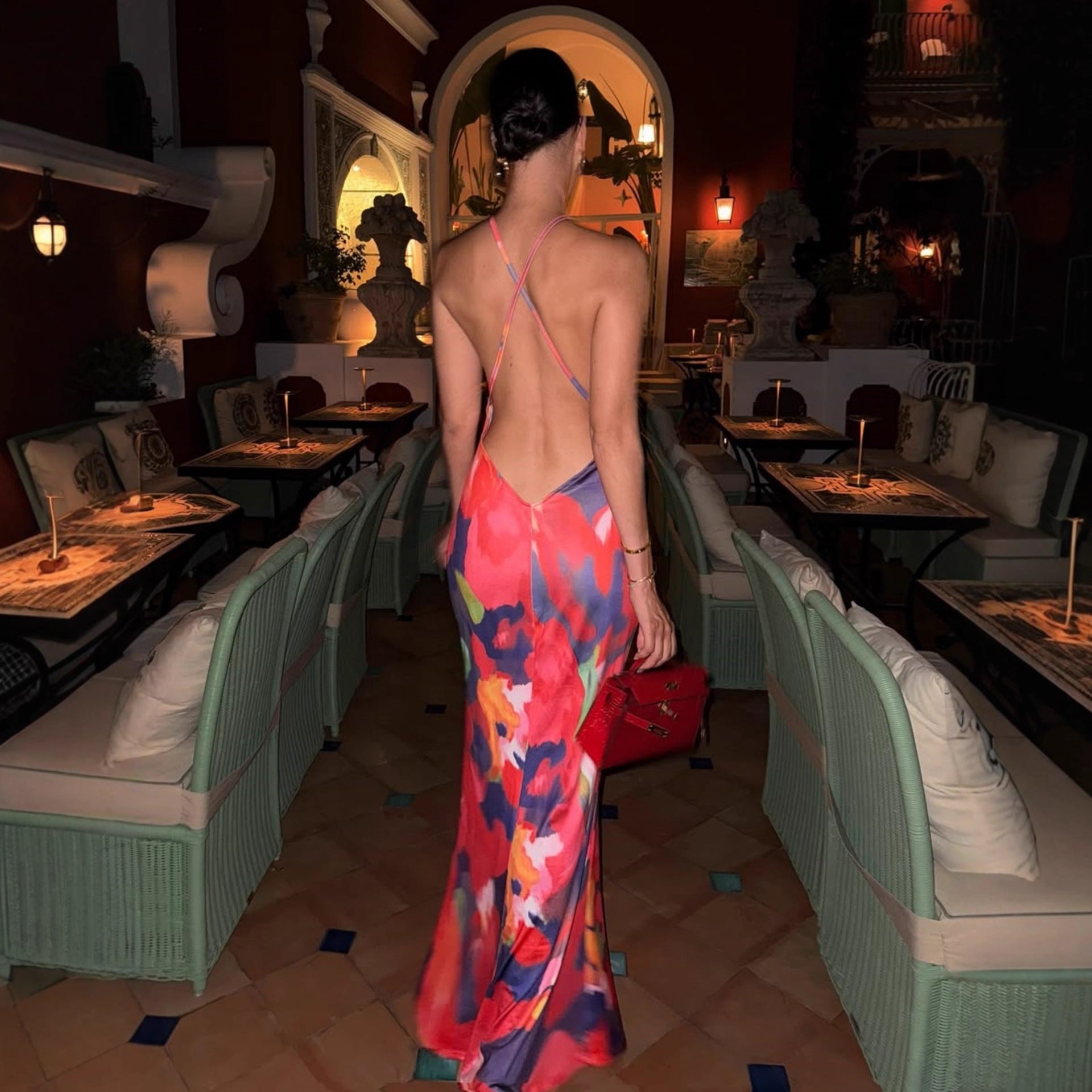 Damen figurbetontes Maxikleid mit floralem Muster und Spitze R&B