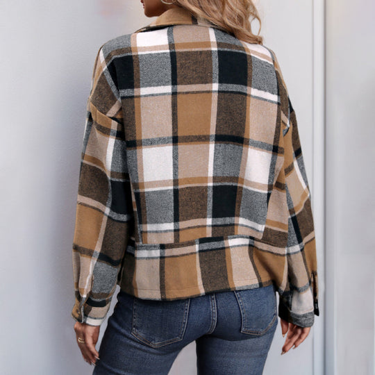 Damen lässige Karojacke mit oversized Schnitt und modernem Reverskragen R&B