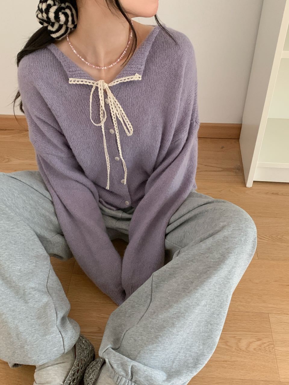 Damen lässiger Strickcardigan mit Kordelzug und feiner Struktur R&B