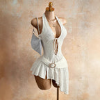 Damen nan figurbetontes Neckholder-Minikleid mit Schnürung, Cut-Out und asymmetrischem Wickelrock R&B