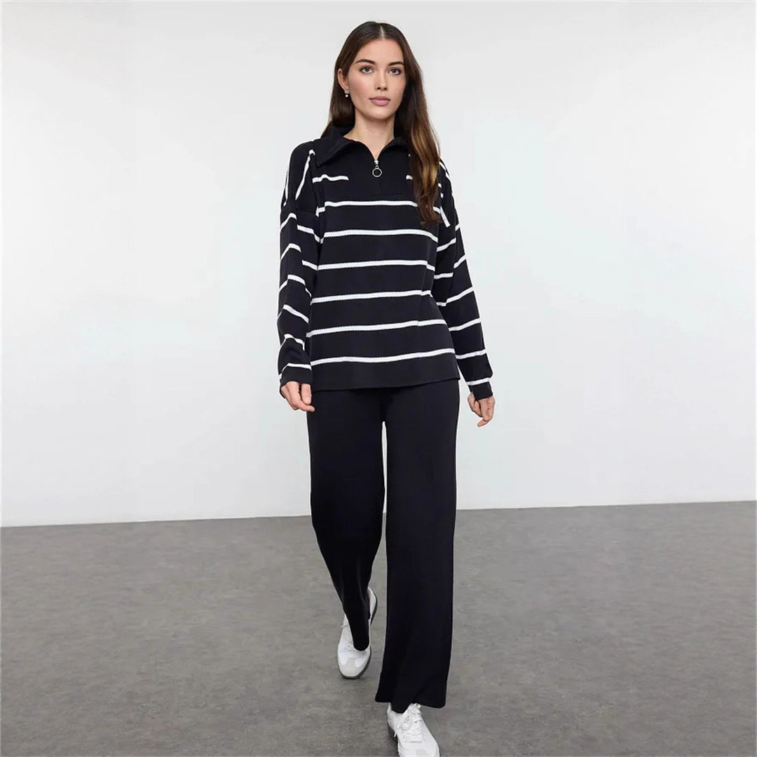 Damen lässiger Strickpullover mit halbem Reißverschluss und weitem Schnitt R&B