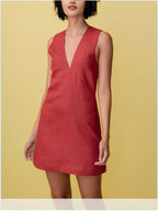 Damen leichtes Leinenkleid mit tiefem V-Ausschnitt und ärmellosem Design R&B