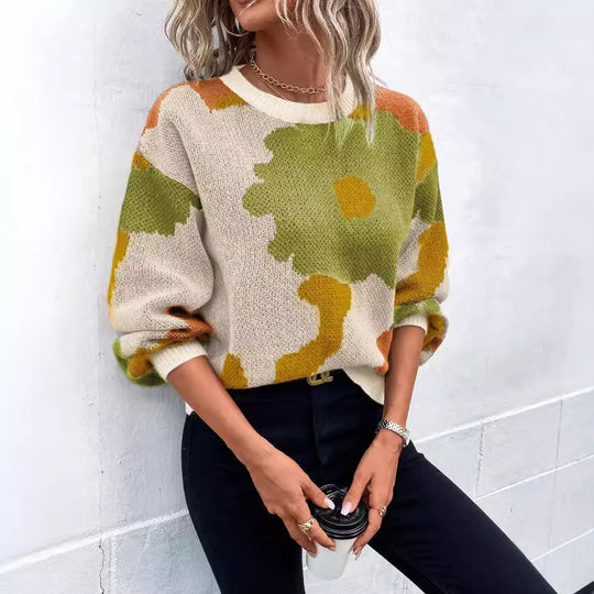 Damen modischer Pullover mit floralem Muster und weiten Ärmeln R&B