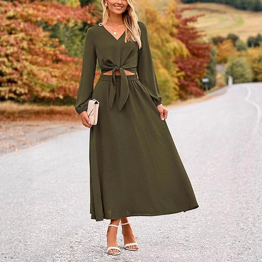 Damen Binde-Kleid mit langen Ärmeln und Rundhalsausschnitt R&B