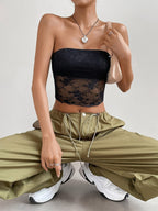 Damen transparente Crop-Top mit floralen Details R&B