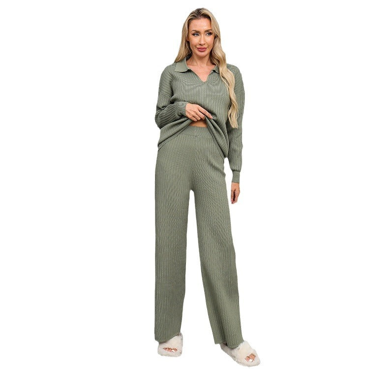 Damen elegantes und bequemes Strick-Lounge-Set mit Polokragen R&B