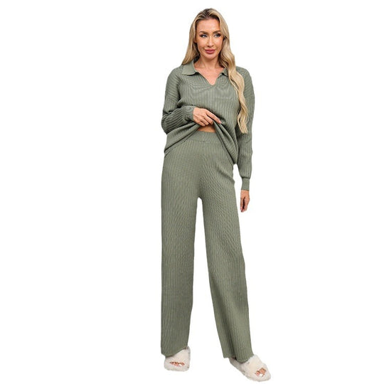 Damen elegantes und bequemes Strick-Lounge-Set mit Polokragen R&B
